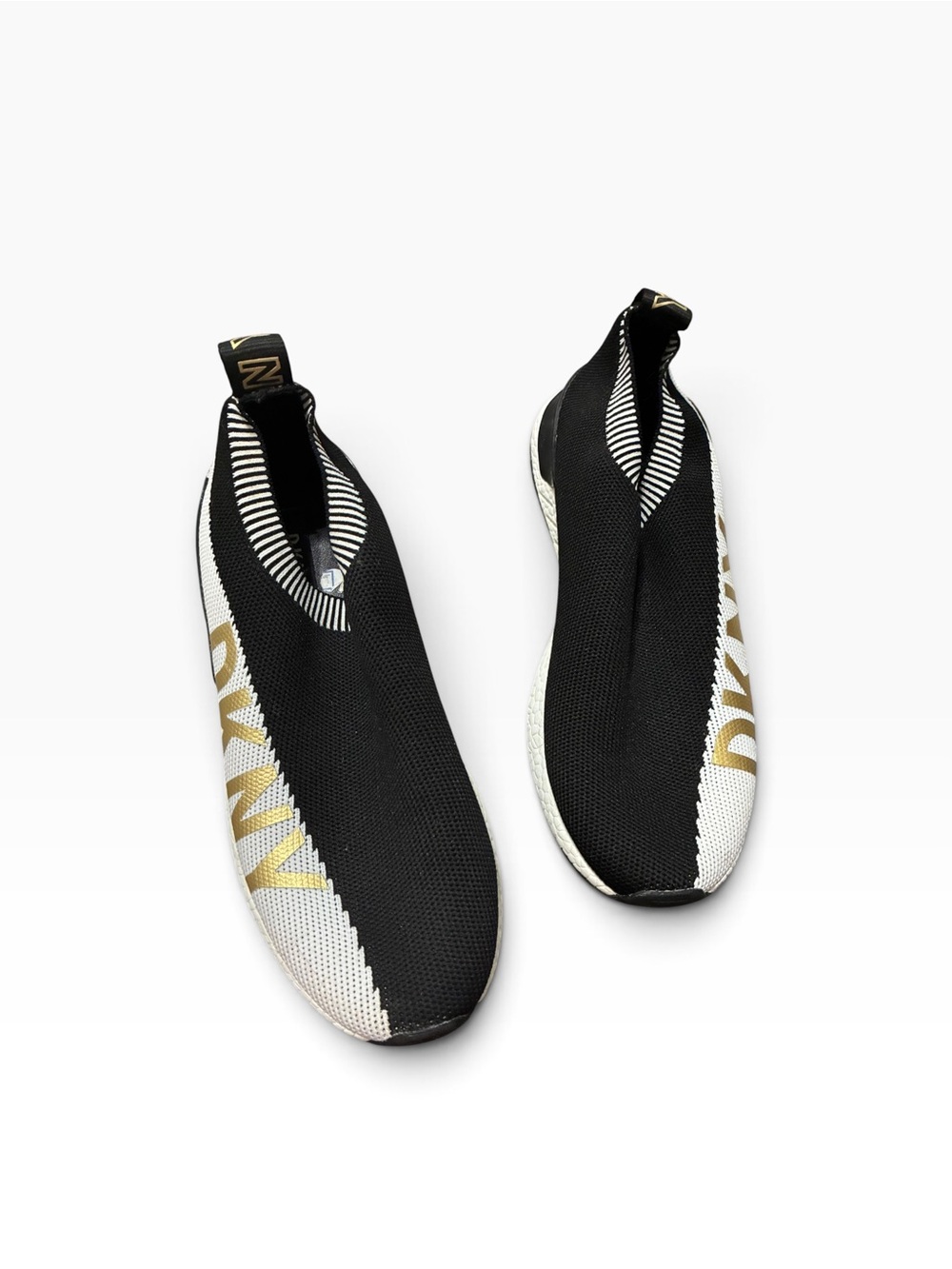 DKNY Abbi Black White Gold Knit Slip On Sneakers Women’s